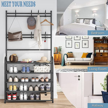 • Modern Design: Sleek and elegant 5-tier shoe and hat rack with hanging hooks for a clean and organized